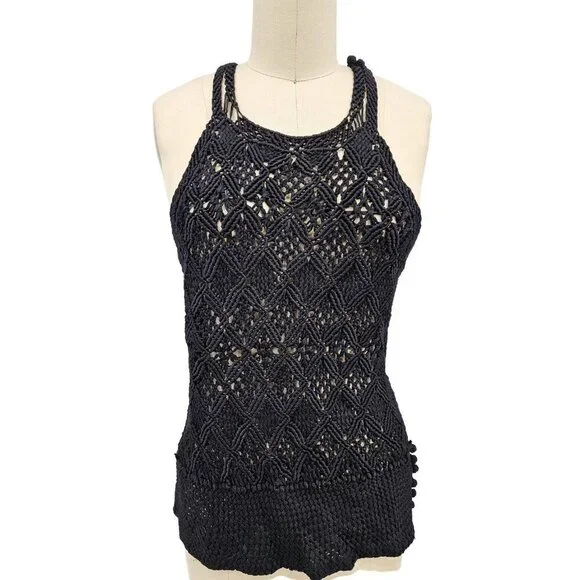 NWOT Ralph Lauren Black Label Crochet Tank Top Womens L Macrame Knit Racerback - Picture 1 of 9